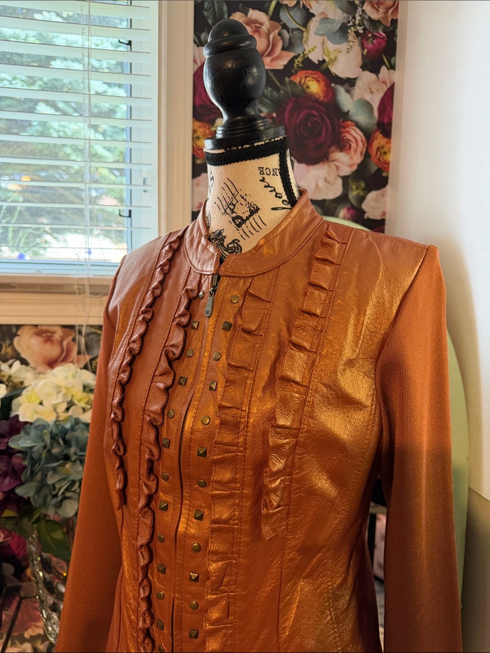 Women's Faux Leather Ruffle-Trim Jacket in Rust in size Small